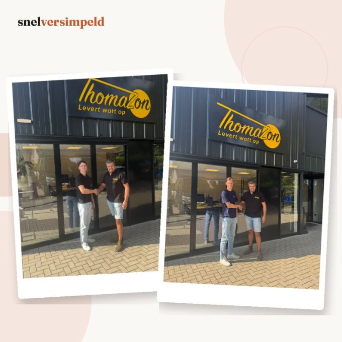 Thom en Thijs geven Thomas van de Pol van ThomaZon een hand voor het pand
